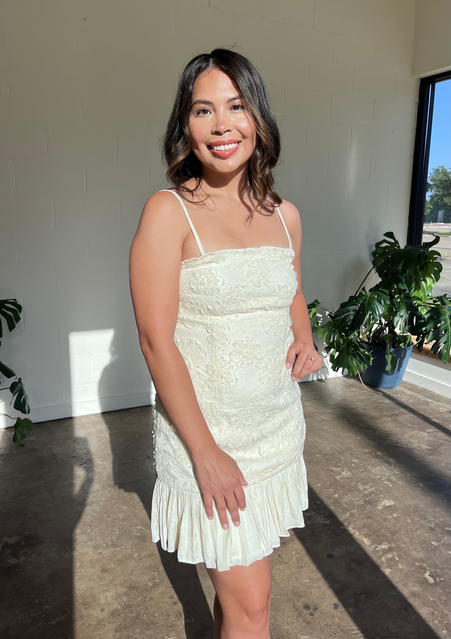 Petals & Promises - Ivory Floral Textured Mini Dress