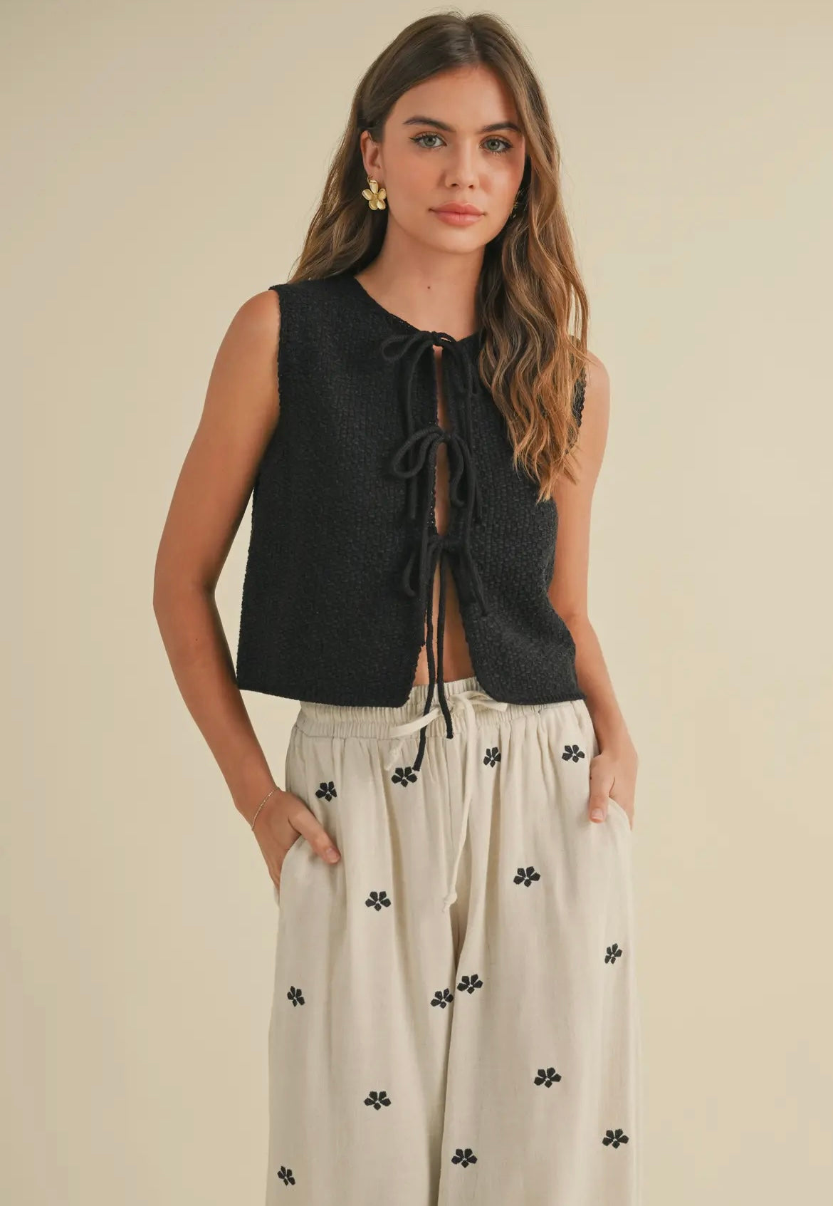 Jingle & Mingle - Front Tie Knit Top BLACK