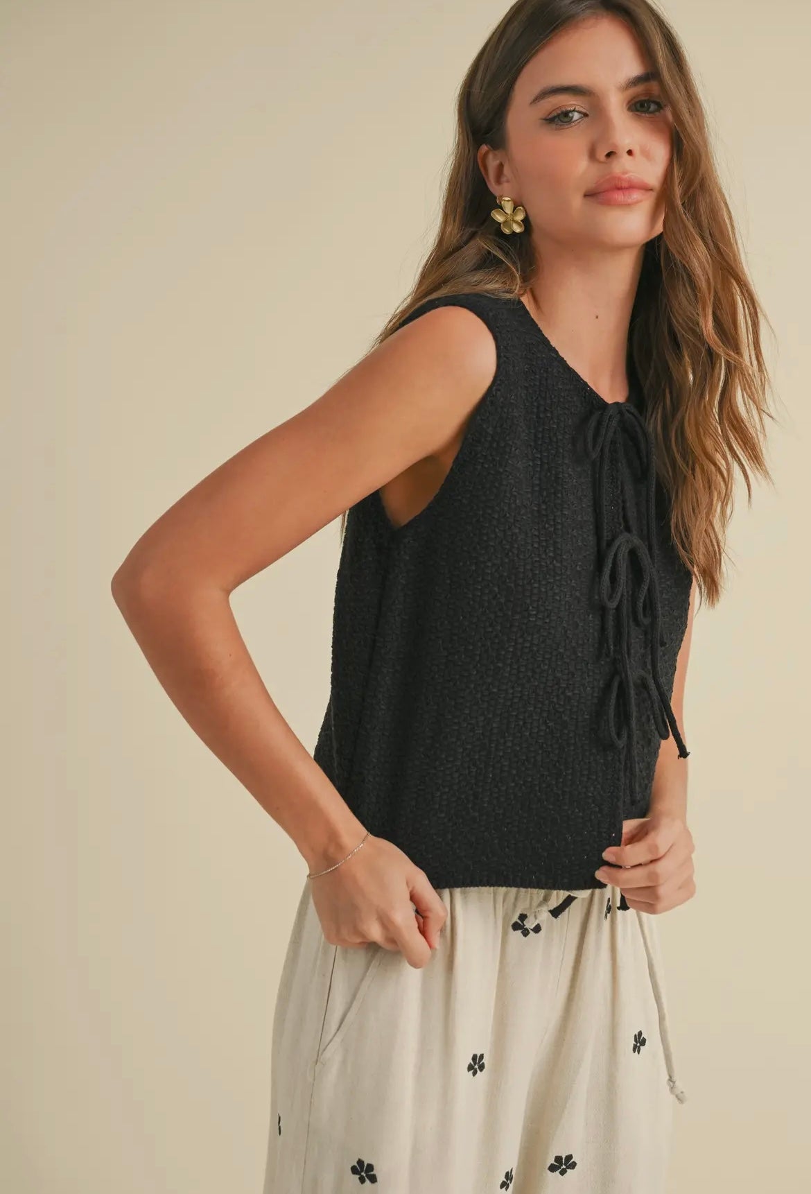 Jingle & Mingle - Front Tie Knit Top BLACK