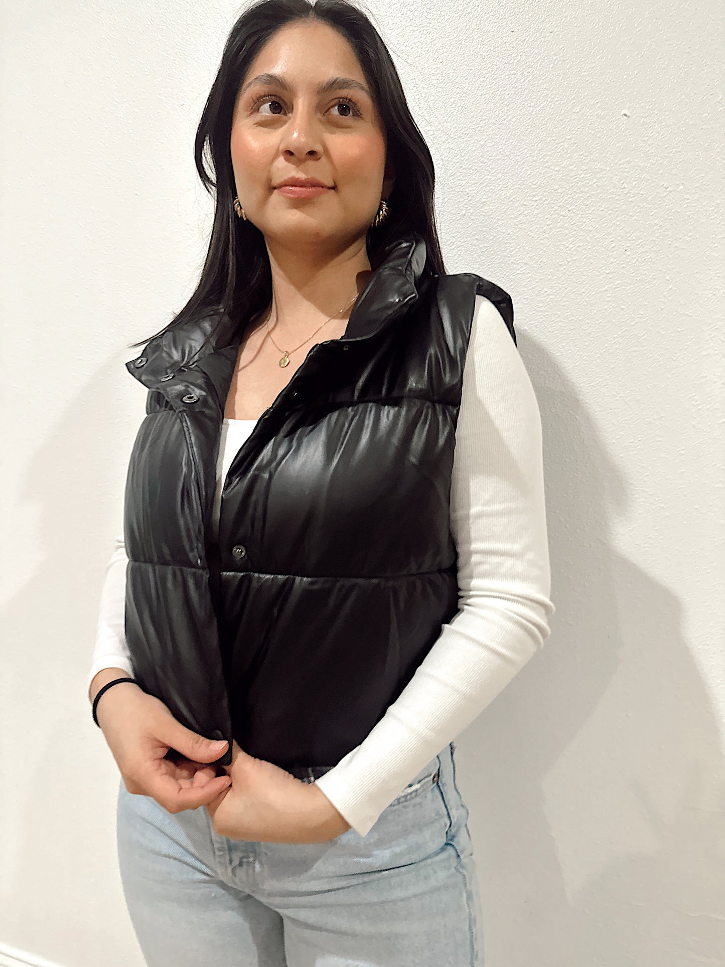 Leather Puffer Vest - Black