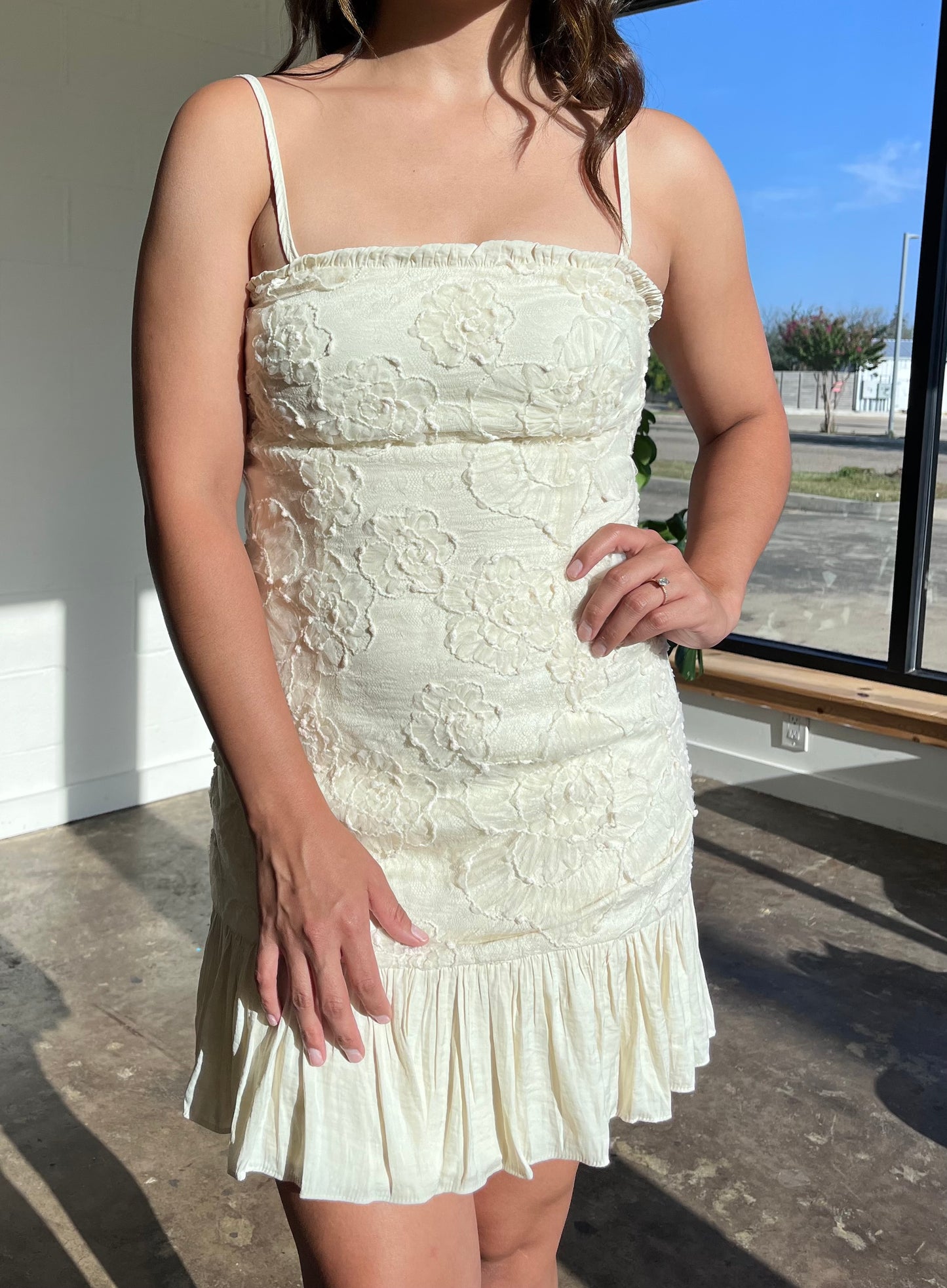 Petals & Promises - Ivory Floral Textured Mini Dress