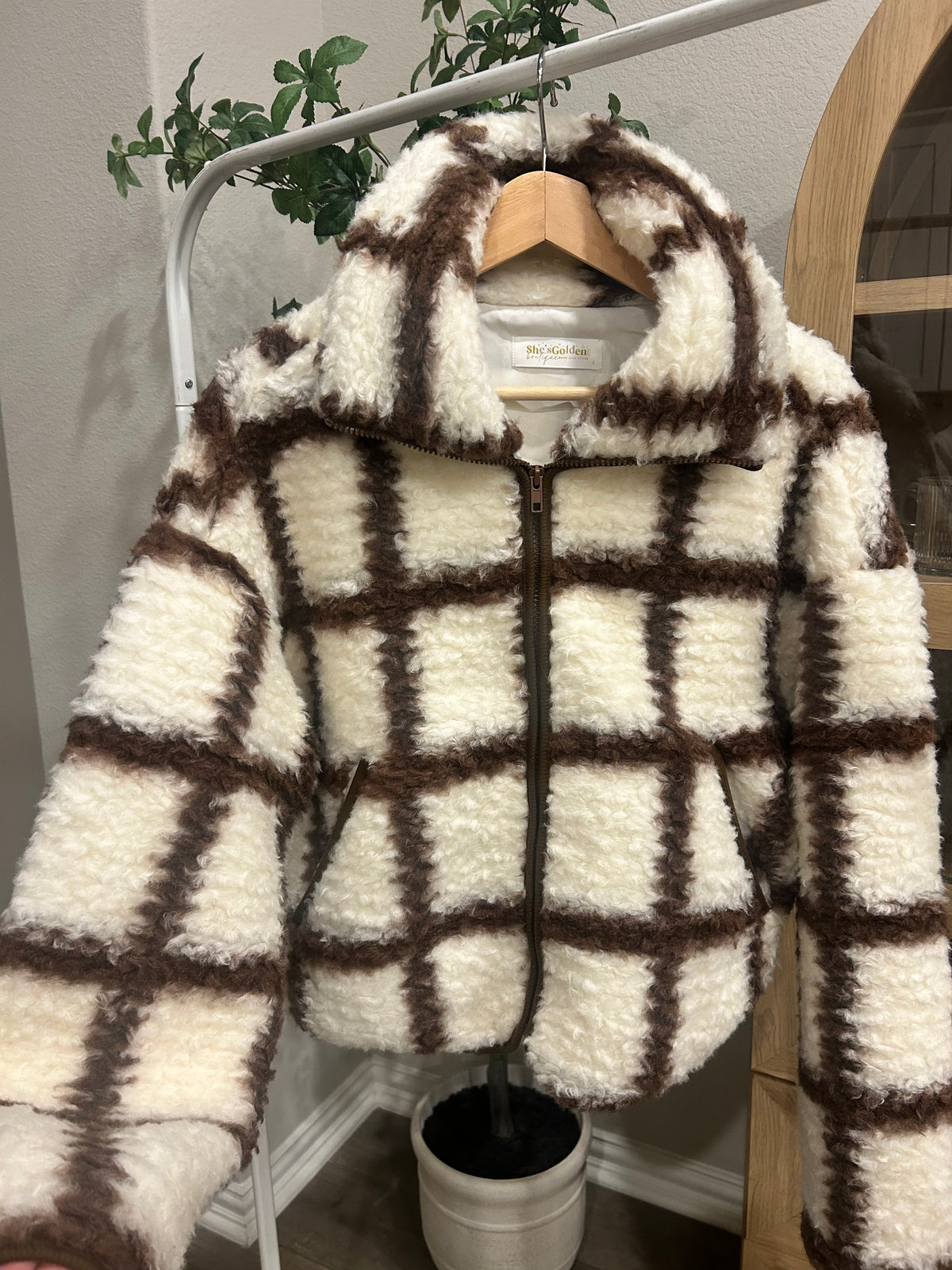 Checkered Fleece Zip Up Jacket