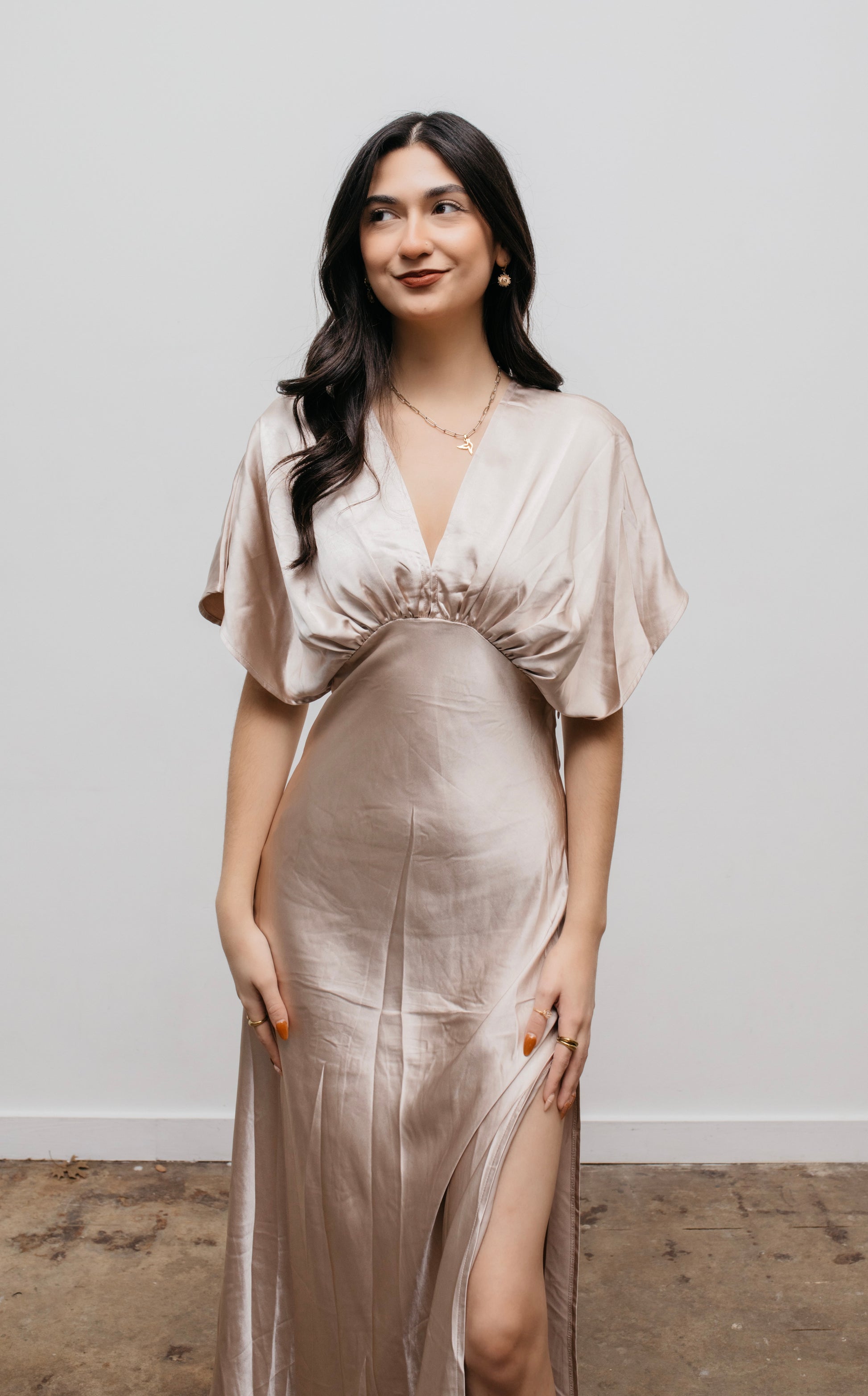 Enchanted Nights - Champagne Satin Dress She's Golden Boutique Enchanted Nights - Champagne Satin Dress She's Golden Boutique