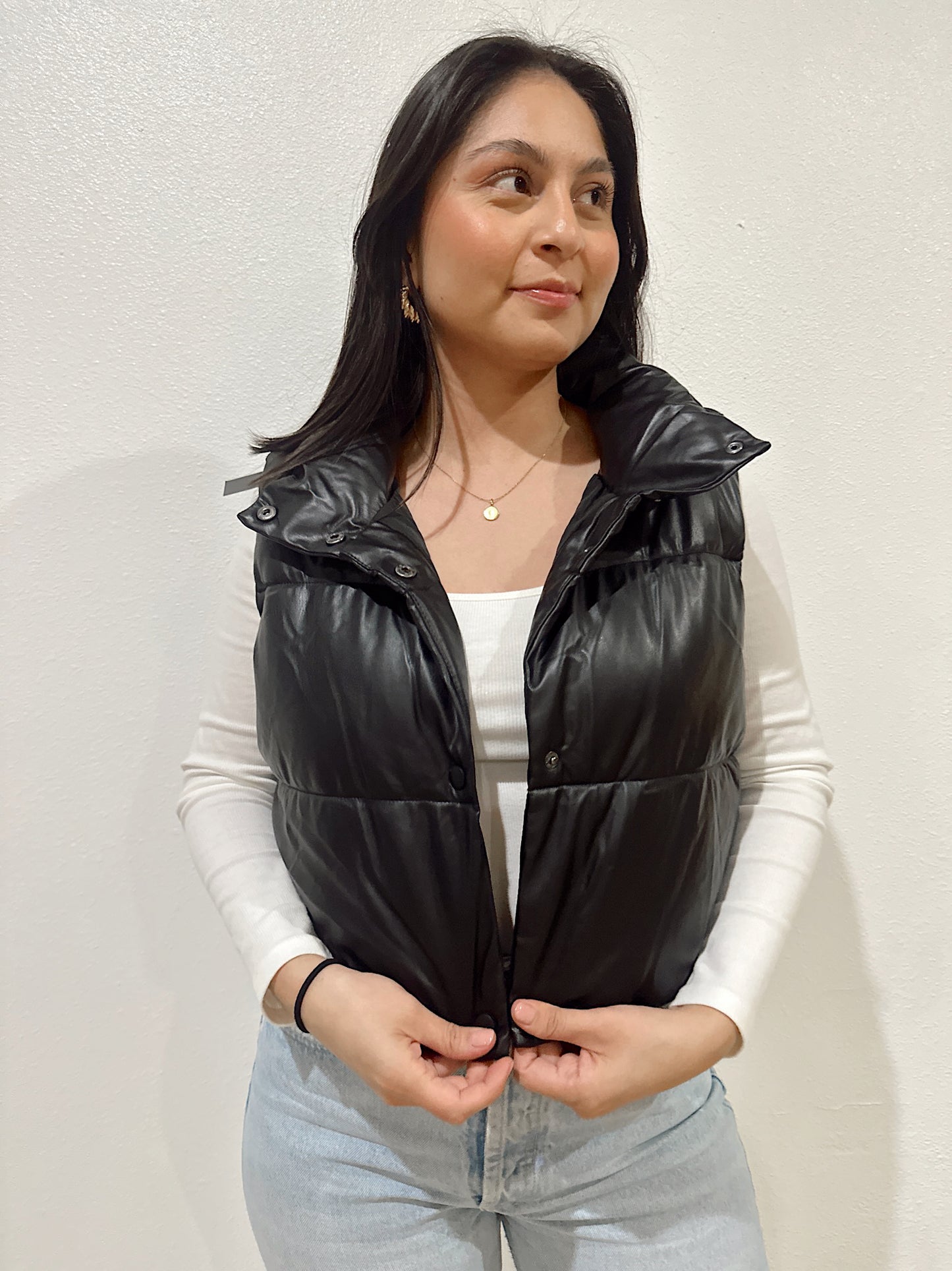 Leather Puffer Vest - Black