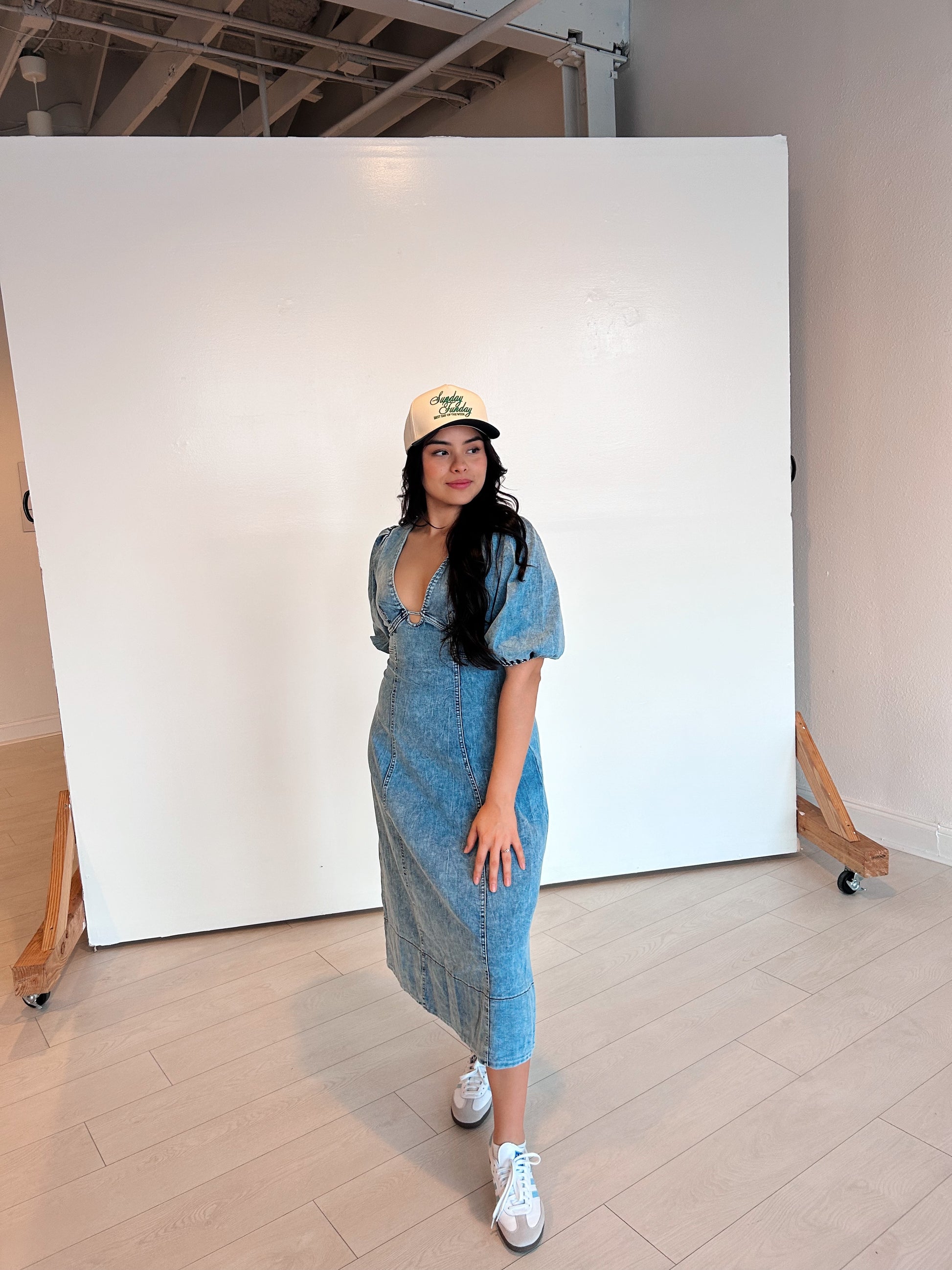 gallery denim dress MAXI FLERTY DENIM DRESS (RESTOCK) B-L-U-SH BY JOELLE