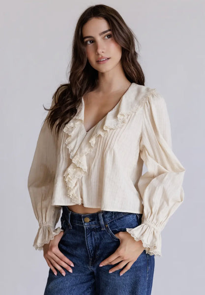 Elizabeth - Ruffle Trim Lace Blouse – She's Golden Boutique