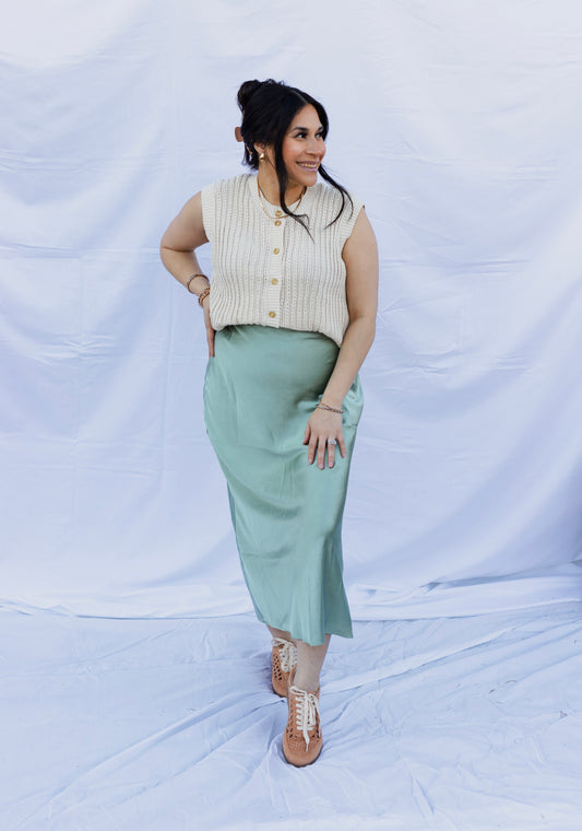 Clover - Sage Satin Midi Skirt